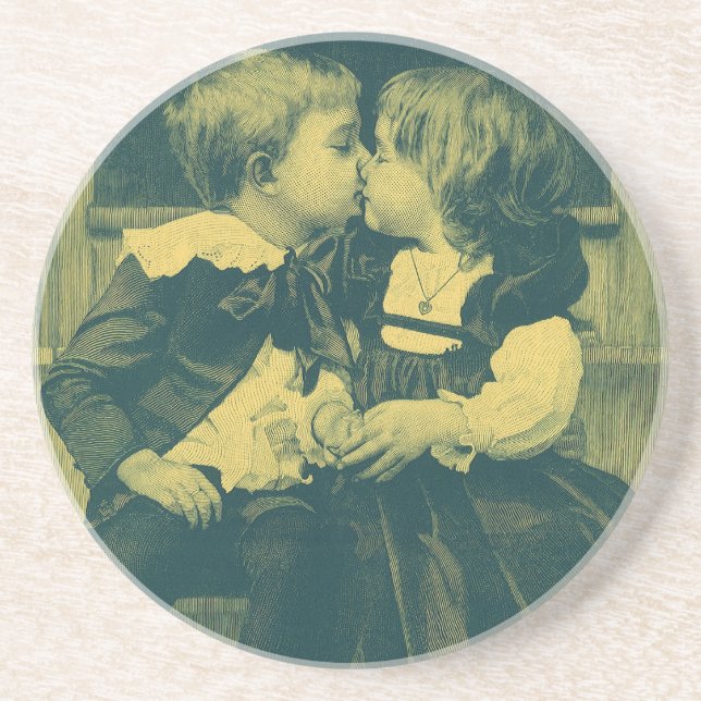 Vintage Love and Romance Photo, Children Kiss Coaster (Front)