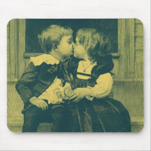 Vintage Love and Romance Photo, Children Kiss Mouse Pad