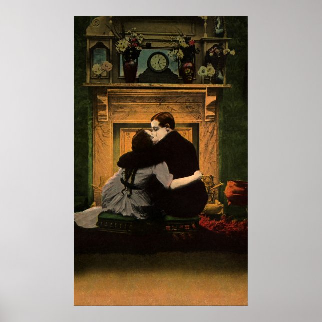 Vintage Love and Romance, Romantic Fireplace Kiss Poster (Front)