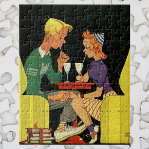 Vintage Love and Romance, Teens at the Soda Shop Jigsaw Puzzle