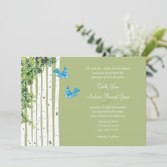 Vintage Love Bird Birch Tree Wedding Invitations (Standing Front)