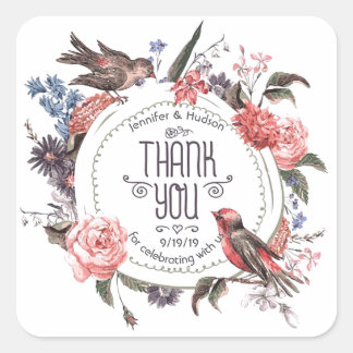 Vintage Love Bird Floral Thank You Wedding Custom Square Sticker