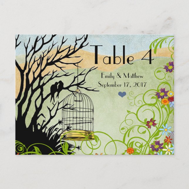 Vintage Love Birds & Bird Cage Wedding Number Card (Front)