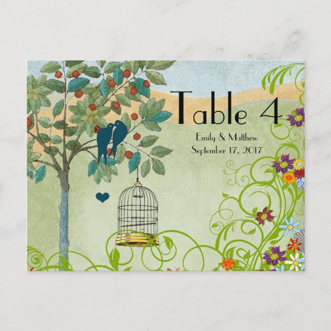 Vintage Love Birds & Bird Cage Wedding Number Card (Front)
