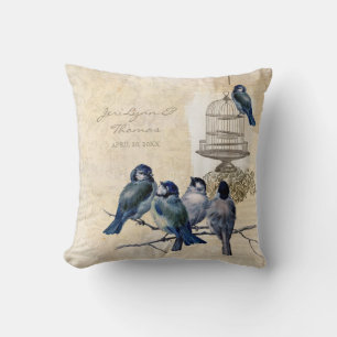 Vintage Love Birds Birdcage Postage Personalized Throw Pillow