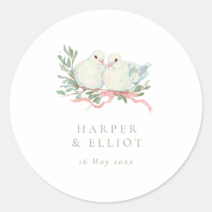 Vintage Love Birds & Bow Sage & Pink Wedding Classic Round Sticker
