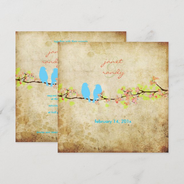 Vintage love birds/colourful blossoms invitation (Front/Back)