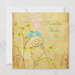 Vintage Love birds, faux parchment background.. Invitation