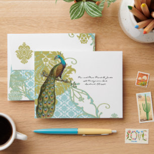 Vintage Love Birds Lagoon Damask RSVP Envelopes