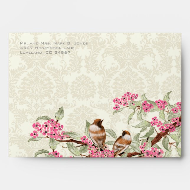 Vintage Love Birds Pink Flower Branch Envelopes (Front)
