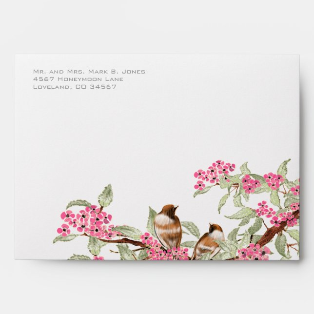 Vintage Love Birds Pink Flower Branch Envelopes (Front)