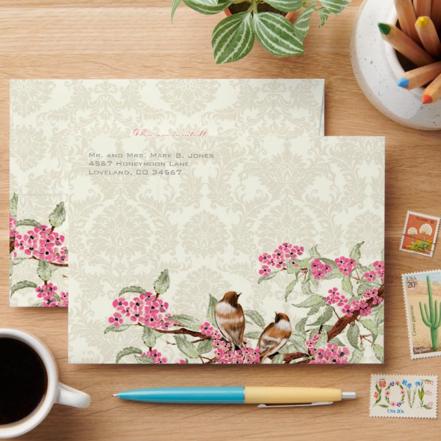 Vintage Love Birds Pink Flower Branch Envelopes (Desk)