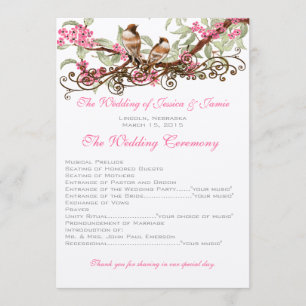 Vintage Love Birds Pink Flowers Wedding  Program