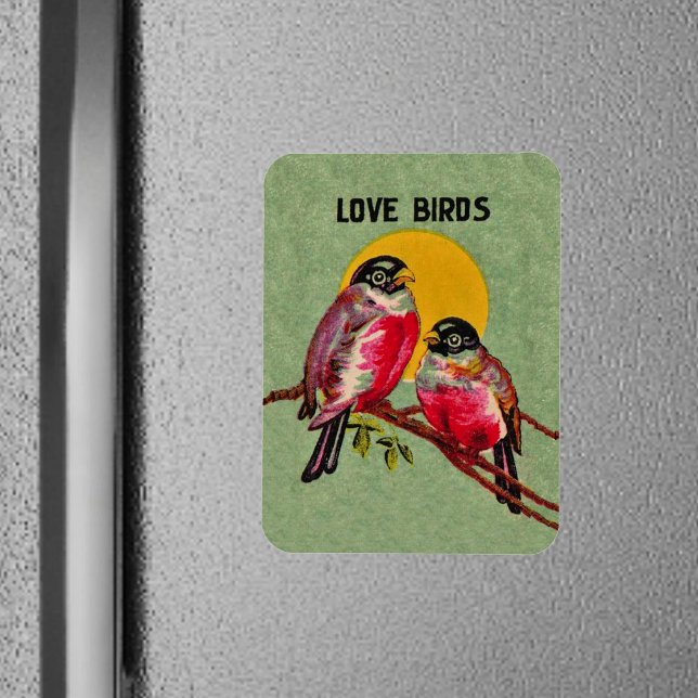 Vintage Love Birds Sun Magnet (Two red love birds sitting together on a branch in front of sun on green frig magnet.)