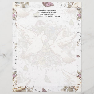 Vintage Love Birds, Two White Doves Floral Letterhead