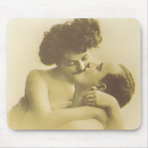 Vintage love couple kissing sepia illustration mouse pad