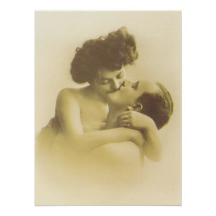 Vintage love couple kissing sepia illustration poster