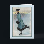 Vintage - Lovely Lady Ice Skating, Card<br><div class="desc">A vintage illustration of a lovely young lady enjoying a winter's day on an outdoor ice skating rink. She's immaculately dressed in a teal coat trimmed in black, a black hat, black muff to keep her hands warm and black boot ice skates. She skates by herself, lost in her own...</div>