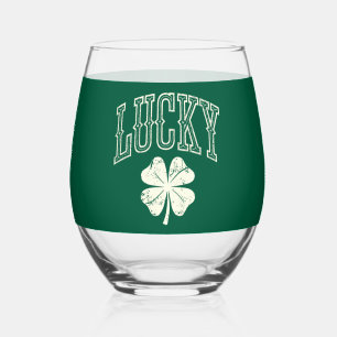 Vintage Lucky Clover St Patrick's Day Stemless Wine Glass