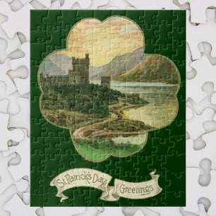 Vintage Lucky Gold Shamrock with an Irish Castle Jigsaw Puzzle