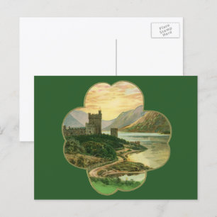 Vintage Lucky Gold Shamrock with an Irish Castle Postcard