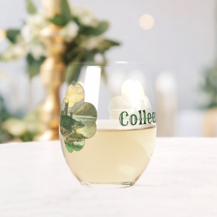 Vintage Lucky Gold Shamrock with an Irish Castle Stemless Wine Glass