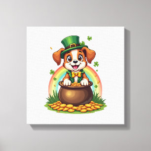 Vintage Lucky Leprechaun Puppy Rainbow Pot of Gold Canvas Print