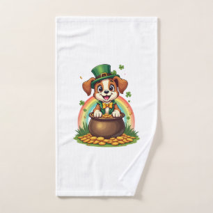 Vintage Lucky Leprechaun Puppy Rainbow Pot of Gold Hand Towel