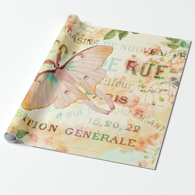 Vintage Lunar Moth and Roses Ephemera Wrapping Paper (Unrolled)