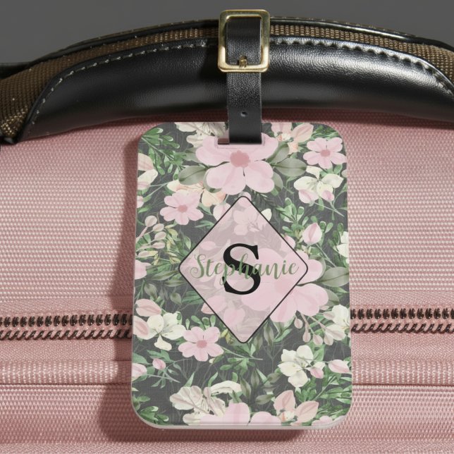 Vintage Lush Pink Botanical Monogram Luggage Tag (Creator Uploaded)