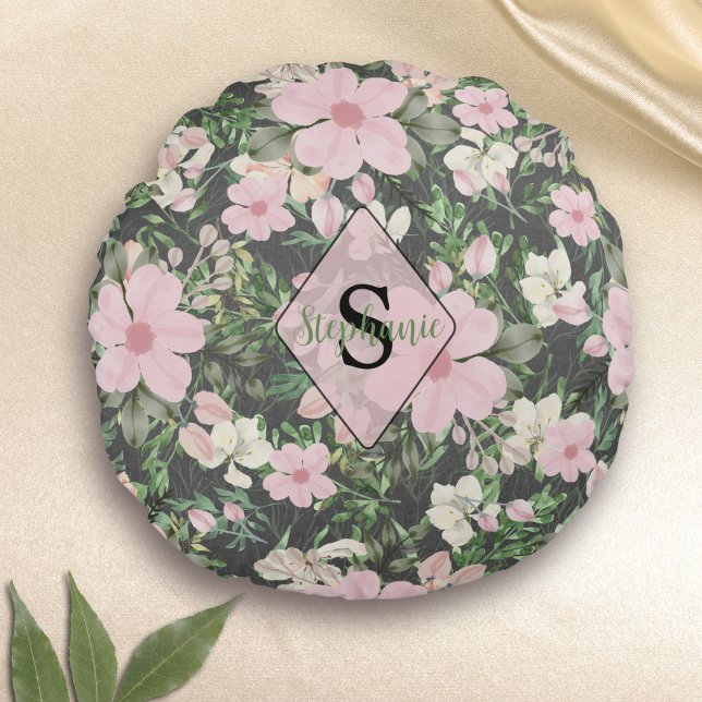 Vintage Lush Pink Botanical Monogram Round Pillow (Creator Uploaded)