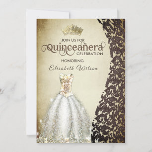 Vintage luxury damask gold tiara Quinceañera Inv Invitation