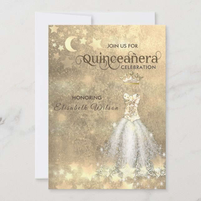 Vintage luxury dress gold tiara Quinceañera  Invit Invitation (Front)