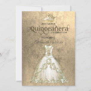Vintage luxury dress gold tiara Quinceañera Invitation
