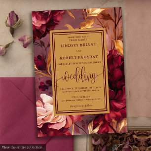 Vintage Luxury Marsala Gold Flowers Wedding Invite