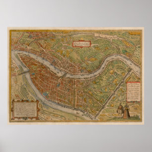 Vintage Lyon France Map (1572) Poster