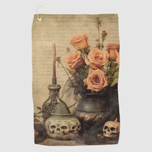 Vintage Macabre Roses Skulls Sepia Golf Towel