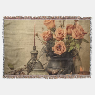 Vintage Macabre Roses Skulls Sepia Throw Blanket