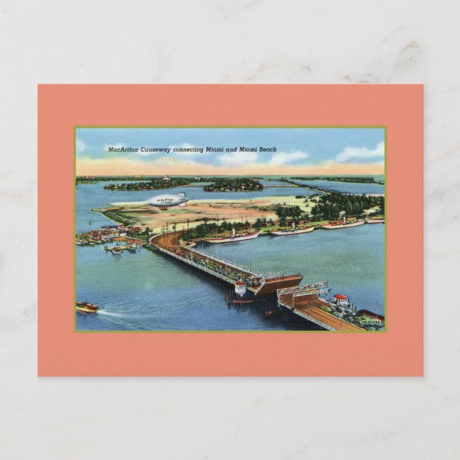 Vintage MacArthur Causeway Miami and Miami Beach Postcard (Front)