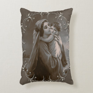 Vintage Madonna and Child with Silver Frame Accent Pillow