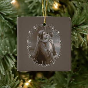 Vintage Madonna and Child with Silver Frame Ceramic Ornament