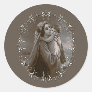 Vintage Madonna and Child with Silver Frame Classic Round Sticker