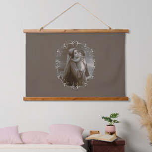 Vintage Madonna and Child with Silver Frame Hanging Tapestry