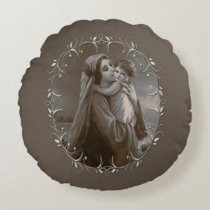 Vintage Madonna and Child with Silver Frame Round Pillow