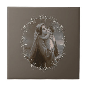 Vintage Madonna and Child with Silver Frame Tile