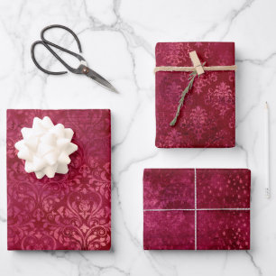 Vintage Magenta Gold Damask Grunge Texture Pattern Wrapping Paper Sheet