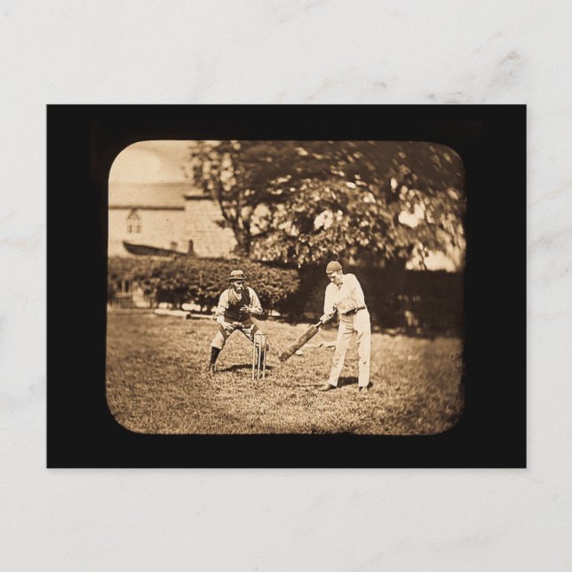 Vintage Magic Lantern Slide Cricket Players Sepia Postcard (Front)