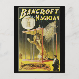 Vintage Magic Poster, Magician Bancroft and Lion Postcard