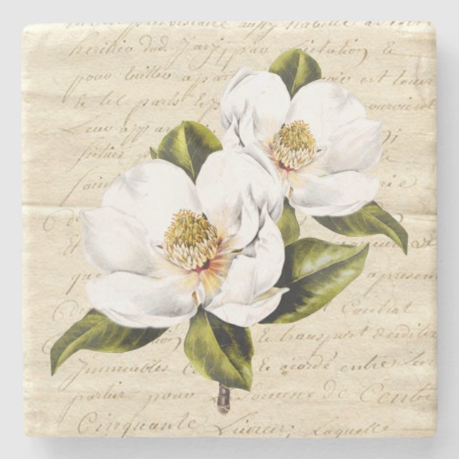 Vintage Magnolia Blooms Stone Coaster (Front)