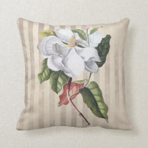 Vintage Magnolia Flower on Stripes Throw Pillow